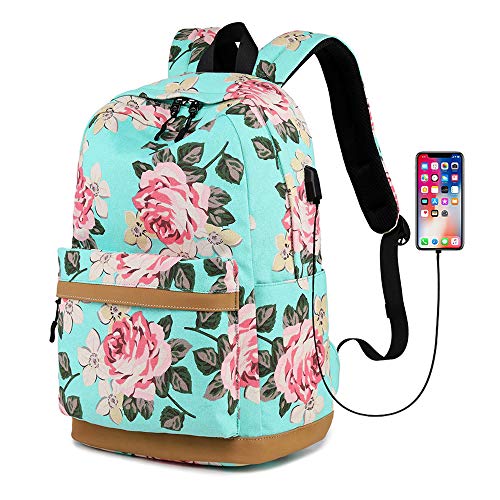MORGLOVE Blumen Schulrucksack Mädchen Teenager Canvas Freizeit Groß Rucksack Damen mit USB und Viel Platz für Schule Uni Grün