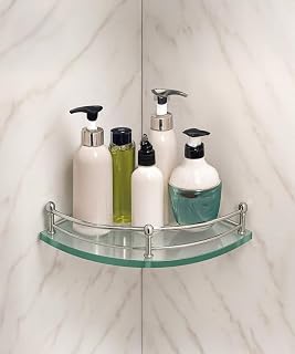 Bathroom Glass Corner Shelf 9x9 Inch | Wall Mount Shower Rack with Chrome Rail | Space-Saving Organizer for Toiletries & Dcor | Pack of 2