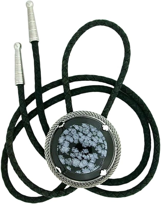 Snowflake Obsidian Round Custom Cab Silver Color Mesh Bolo Tie EPBT442/122225
