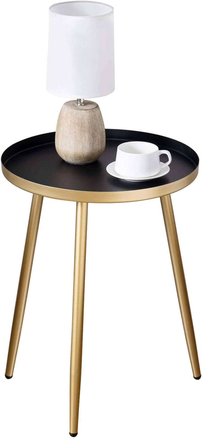 MyGift Gold End Table, Metal Nightstand, 22 Inch Tall Round Side Table with Matte Black Tray Top for Living Room Sofa Side Table Bedroom Plant Stand Home Decor
