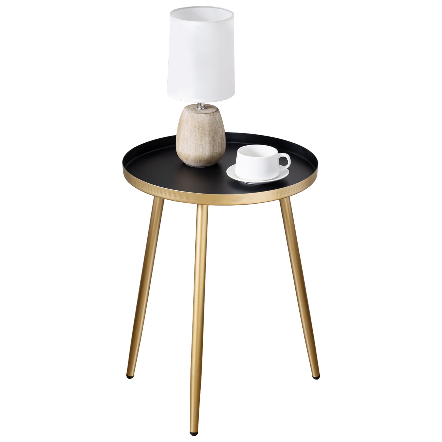 MyGift Gold End Table, Metal Nightstand, 22 Inch Tall Round Side Table with Matte Black Tray Top for Living Room Sofa Side Table Bedroom Plant Stand