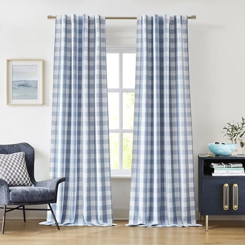 Image of Bapawfish 90 Inches Long Buffalo Plaid Blackout Curtain Panels for Bedroom Living Room,Dusty Blue Thermal Insulated Gingham Drapes,Farmhouse Window Treatment,Rod Pocket Back Tabs,40" Wx90 Lx2