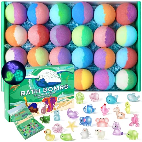 Bath Bombs for Kids with Toys Inside - 24 Pack Kid Bath Bombs with Glow in The Dark Surprise Toys Inside, Stocking Stuffers for Kids Boys Girls, Christmas Gift, Natural Bubble Bath Fizzy