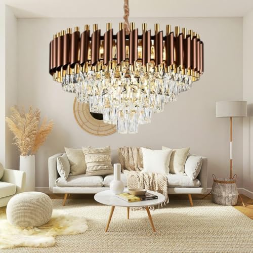 Image of Modern Ceiling Lamp 3-Tier Round Crystal Chandelier for Living Room | Modern Ceiling Light Jhumar for Hall for Home Decoration + 3 Color LED Light (Brown Gold, 600MM)