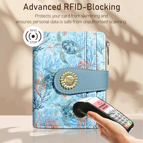 Image of Kelvoris Sea Turtle Small Rfid Women Wallet Bifold Zipper Coin Pocket | PU Leather Compact Cash Credit Card Holder Travel Purse for Female Ladies Teen Girls 1 ID Window 10 Card Slots