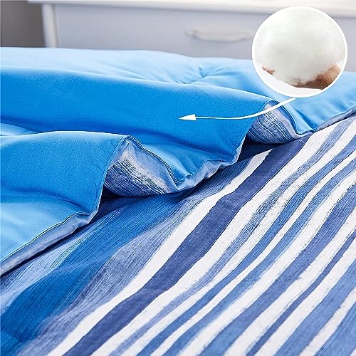 Image of KAKIJUMN 5 Piece Bed in a Bag Stripe Comforter Set Twin Size, White and Blue Patchwork Striped Comforter and Sheet Set, All Season Soft Microfiber Complete Bedding Sets(Blue,Twin)