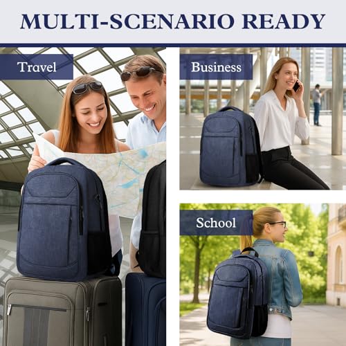 Image of 15.6 inch Travel Laptop Backpack for Men Women, Blue | Laptop Compartment, Adjustable Strap, Mesh Side & Anti-Theft Pocket, Luggage Strap, 30L Storage for Work Travel College