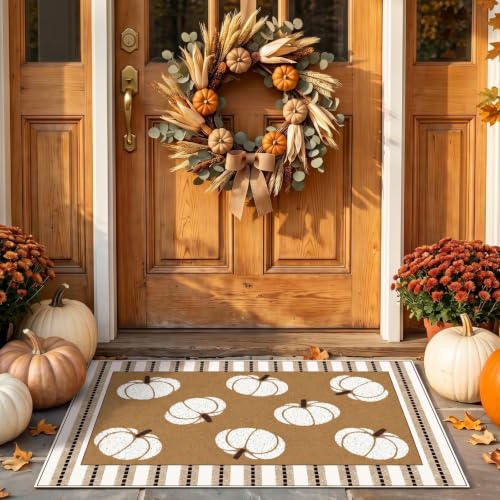 Drydiet 2 Pcs Fall Layered Doormat Set Neutral Pumpkin Doormat with Stripe Layering Rug for Autumn Thanksgiving Front Door Porch Entryway Indoor Outdoor Decor
