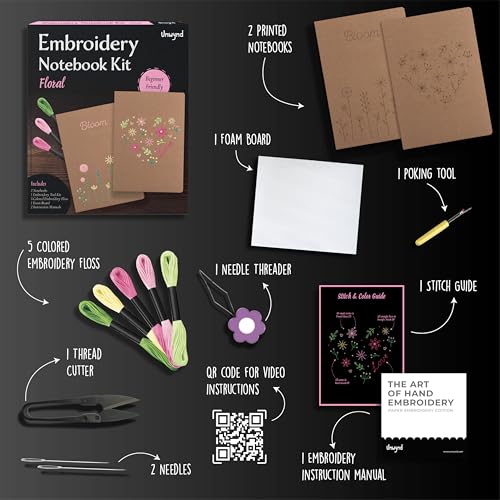 Image of Unwynd Embroidery Kit Floral Theme for Beginners, Satin Stitch Hand Embroidery Kit for Adults, Easy DIY Crafts, Starter Set with Mountain Sun Pattern