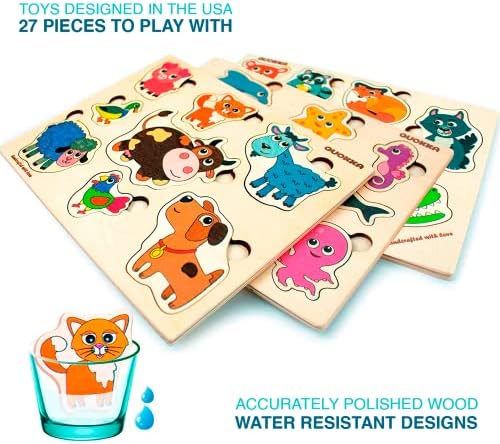 Toddler Toys for 1 2 3 Year Old Boys and Girls - 3 Montessori Wooden Puzzles for Kids by QUOKKA - Educational Animal Toys for 1-2 year olds Babies - Game for Boy ans Girl