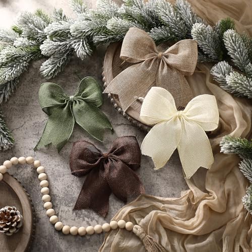 Suncalla 24 Pcs Burlap Christmas Bows Decoration 5.9 Inch Christmas Tree Rustic Ornament Natural Burlap Ribbon Bow Knot for Xmas Tree Wreath Holiday Party Decorations (Neutral)