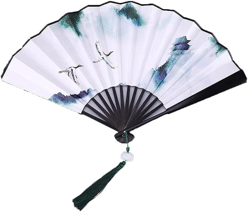 Antique folding fan easy to open and close tassel double-sided silk fabric handheld folding fan bamboo folding fan decorative home ceremonial folding fan (E)