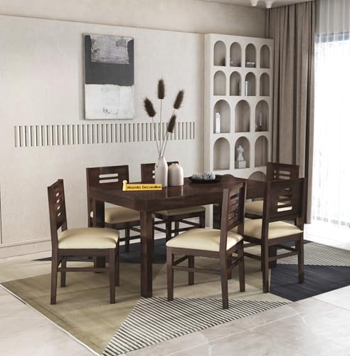 Image of MAMTA DECORATION Solid Sheesham Wood Dining Table Set 6 Seater | Six Seater Dining Table with 6 Cushions Chairs for Living Room | Dinning Table Set 6 Seater for Living Room, Hotels, Walnut Finish