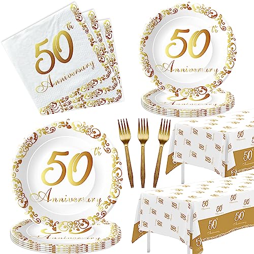 APOWBLS 50th Anniversary Decorations And Supplies Tableware - Golden 50th Wedding Anniversary Decorations Party Supplies, Paper Plate, Napkin, Tablecloth, Fork | Serves 24
