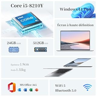 Brhona Ordinateur Portable15,3" Core i5 (Jusqu'à 3,6 GHz),Win 11 pro24 Go RAM/512 Go SSD, PC Portable, Écran 1920x1200 100% sRGB avec HDMI et USB-A, Autonomie Prolongée, Office Suite Inclus