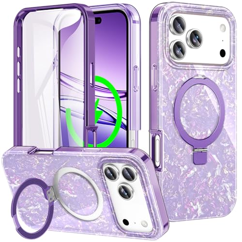 Coque iPhone 17 Pro avec support magnétique invisible et protection intégrale motif nacre pour femme