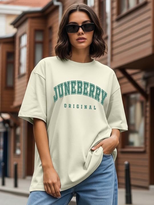 Image of JUNEBERRY Pure Cotton Oversized Drop Shoulder Brand Logo Typography Print Round-Neck Baggy Fit T-Shirt for Women (Available in Navy, Green & Pink Colors)