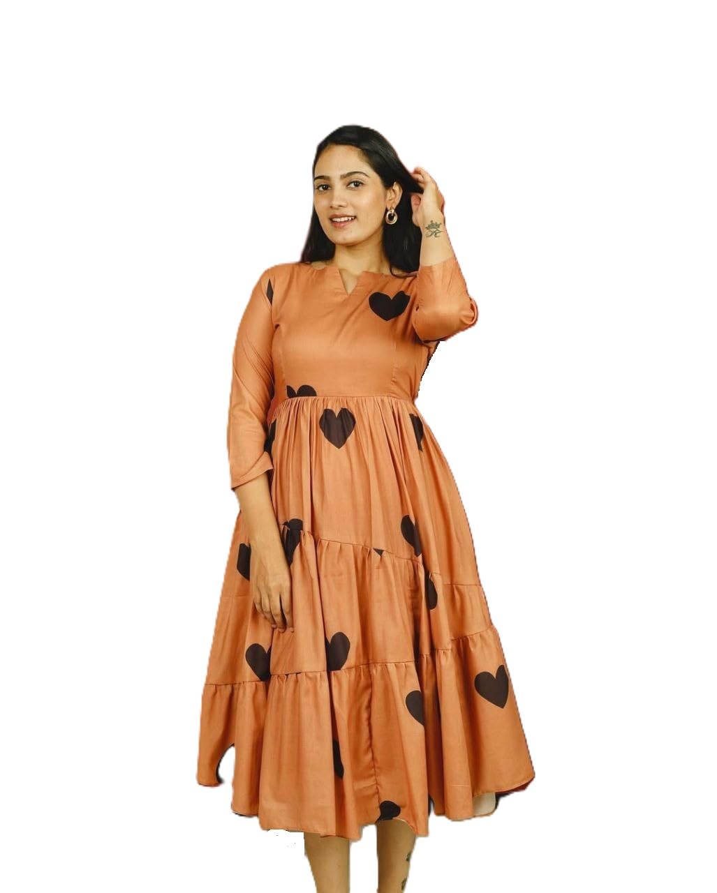Women's Orange Heart Print Flared Maxi Dress-image-40
