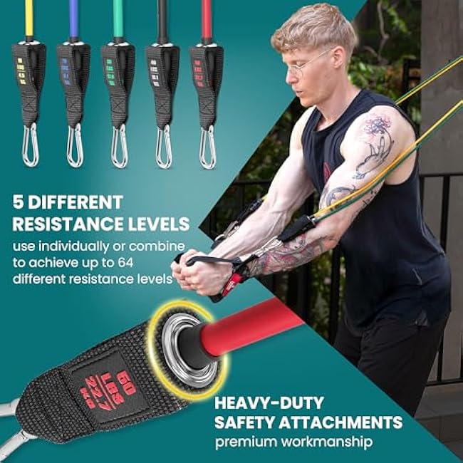 Resistance Bands Set with Handles, Door Anchor, Ankle Straps + Exercise Ebook, 5 Long Latex Tubes Premium Heavy Duty Expander Cords, Full Body Butt Leg Fitness Workout Women, Powerlifting Training Men