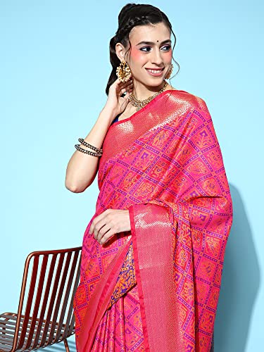 Image of AKHILAM Women's Ethnic Motif Banarasi Silk Woven Design Saree With Unstitched Blouse Piece (Pink FF02MNSV807)
