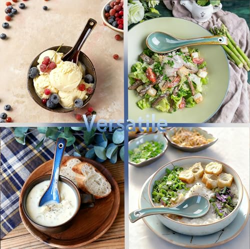 Image of Raelitego 5 /12 pcs Asian Soup Spoon, Ceramic Chinese Soup Spoons, Deep Oval Hook Non-slip Japanese Spoons for Rice Ramen Pho Miso Soup Wonton (5pcs-Dark)
