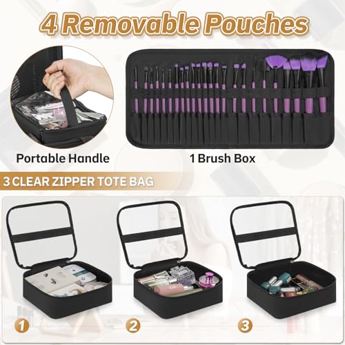 Extra Large Makeup Case with 4 Removable Pouches, Professional Make up Train Case, Travel Cosmetic Bag for Hairstylists Nail Tech Makeup Artist with Shoulder Strap and Handle (Black)3