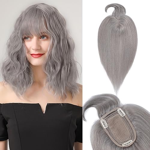 Benehair Human Hair Toppers #1B Off Black Hair Toppers for Thinning Hair Women Real Hair14Inches Natural Clip in Hair Topper with Bangs