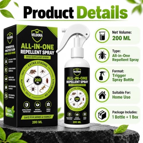 Image of VELDORA All-in-One Pest Repellent Spray (200ml) | 100% Plant-Based Essential Oil Formula | Natural Repellent for Lizards, Ants, Cockroaches & Mosquitoes | Skin-Safe, Baby-Safe, Pet-Safe (PACK = 1)