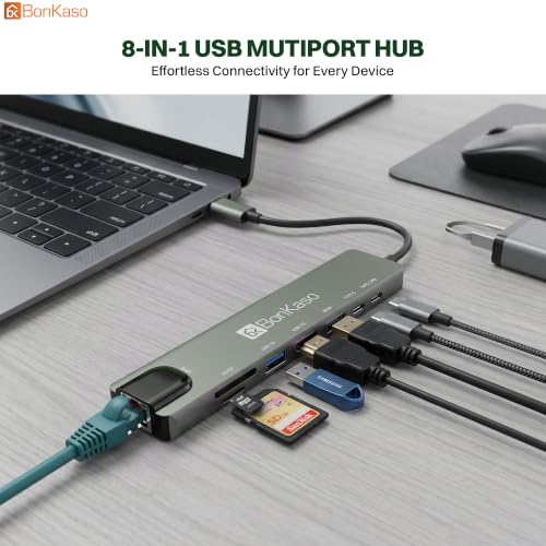 Image of BonKaso 8-in-1 USB C Hub with 4K HDMI, 100W PD Charging, Gigabit Ethernet, 3 USB 3.0 Ports, SD /TF Card Reader, Type C Multiport Adapter for MacBook Pro /Air, Dell, HP, Lenovo, iPad Pro & USB-C Laptops