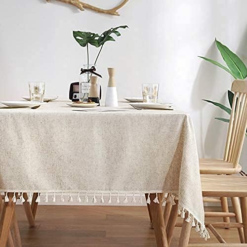 Miniatura 3 de meioro Mantel rectangular de tela de lino de 55 x 98 pulgadas, protector para mesa de comedor, mantel con borlas, ropa sin arrugas, mantel de cocina