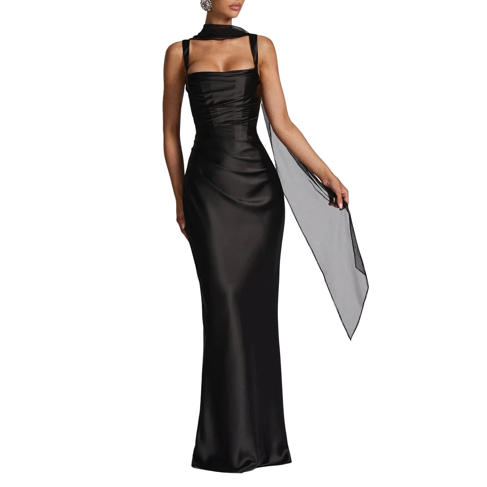 Photo 1 of ABYOVRT Women Wedding Guest Dress Satin Corset Top Elegant Maxi Dresses with Sheer Scarf Evening Gown (Black,XS