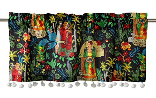 Image of Ravaiyaa - Attitude is everything Hand Printed Half Window Kitchen Curtain 100% Cotton Short Drapery Valance 40 X 18 Inch (Black Floralsemi Sheer, Rod Pocket)