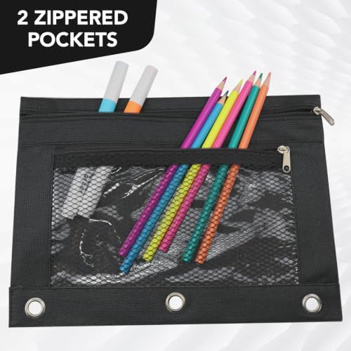 Image of 3 Ring Pencil Pouch for Binder, 2-Pocket Zipper Pencil Case with Clear Window & Mesh Pocket, 600D Oxford Fabric Binder Pouch for School Office Supplies, Fits Standard 3-Ring Binders, Black