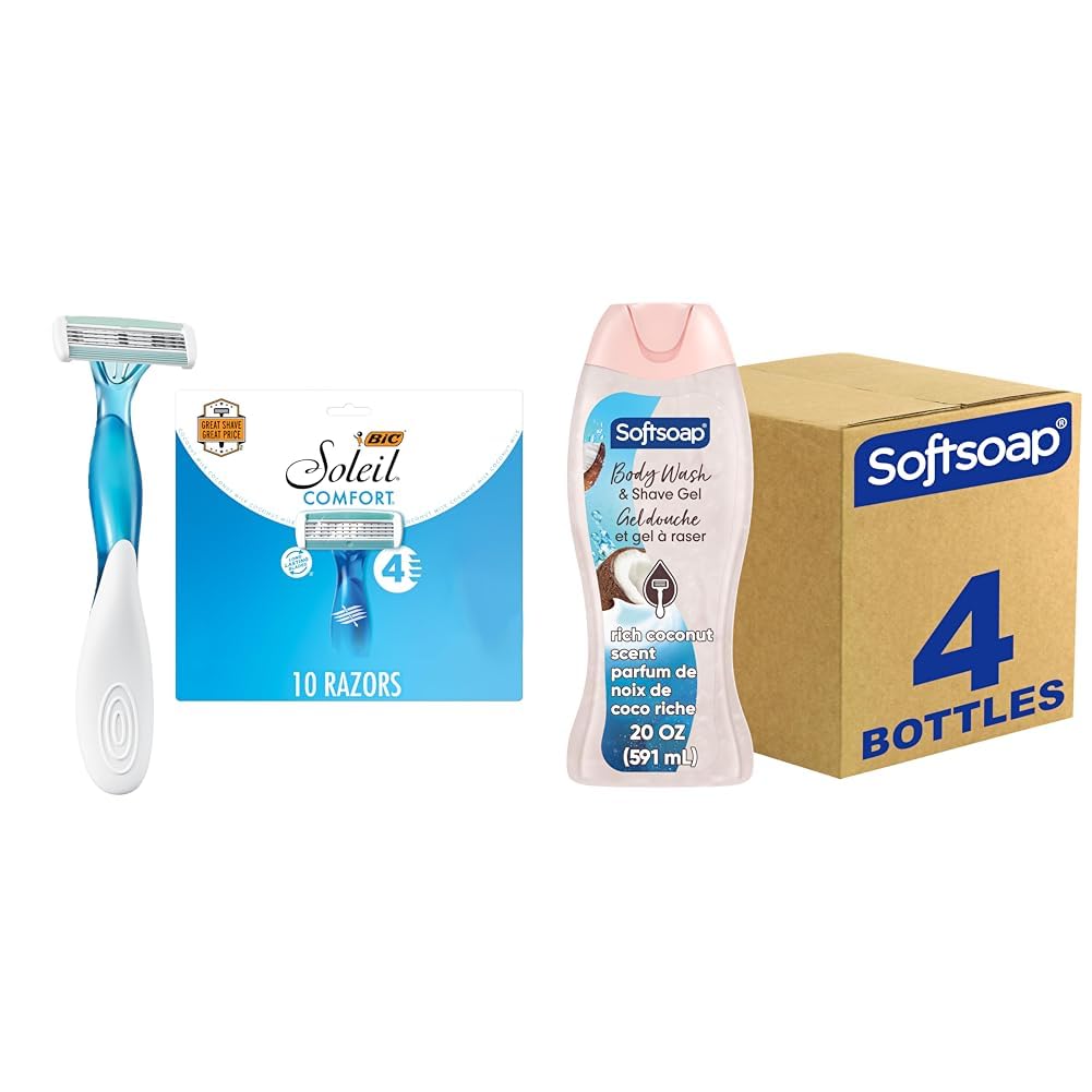 BIC Soleil Comfort Women's Disposable 4 Blade Razors, 10-Pack & Softsoap Body Wash & Gel Coconut, 20oz, pack of 4