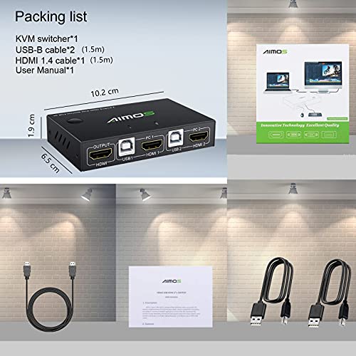 Image of KVM Switch 2 Ports, USB HDMI Switcher Box 2 In 1 Out For 2 Computers Share Keyboard, Mouse And Monitor Support 4K@30Hz for Laptop, PC With Windows /Linux /Mac System, With 2x USB, 1x HDMI Cable