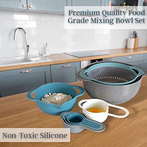 Macho's Tuff - Mixing Bowl Set For Baking Or Cooking - 4 Pcs Measuring Cup Set - Colander - Sieve - Small Bowl With Measurements - Large Bowl, Grey/White #TOP1