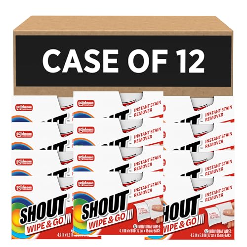 Image of SC Johnson Professional Shout Wipe and Go Stain Remover Wipes, 144 Count | Portable double-sided textured wipes for makeup, coffee, juice and wine stains; 12 pouches of 12, 144 wipes