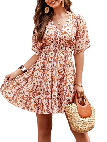 Cupshe Women's Floral Print V-Neck Mini Dress Short Sleeve V Neck Dresses Casual Summer,Xl Red #TOP11