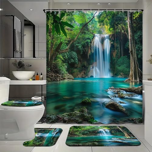 SOPIYRIO Waterfall View Waterproof Shower Curtain Set (72x72 Inch) with
