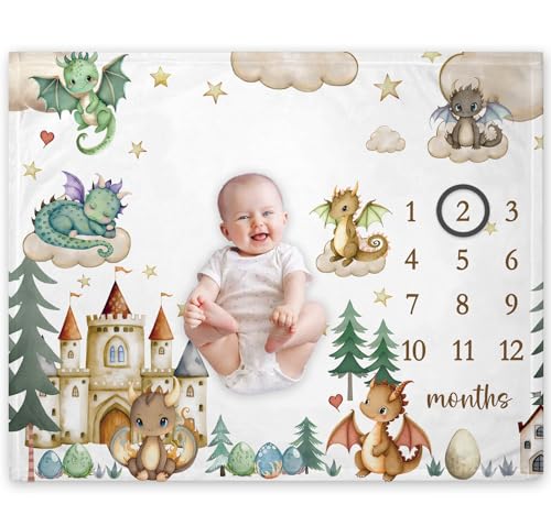 Image of Yuzioey Dragon Milestone Blanket, Green Flannel Boy Baby Growth Chart Blanket, 50"x40", Watch Me Grow Dragon Baby Boy Nursery Blanket
