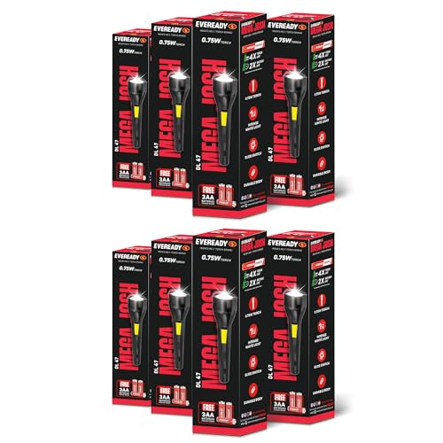Image of EVEREADY DL47 Mega Josh, 0.75W Emergency Torch, Durable ABS Plastic Body, Bright White LED Torch, Powered by 3xAA Eveready Batteries, Pack of 8