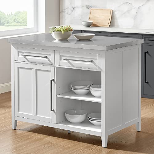 Crosley Furniture Silvia Stainless Steel Top Kitchen Island, Microwave Stand, Coffee Bar, with Shelves, White