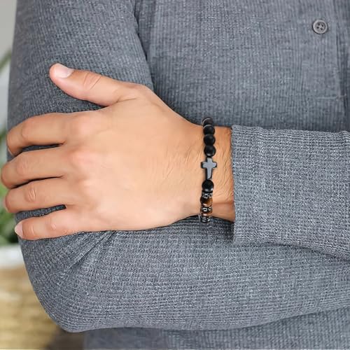 QWNHONEY Cross Bracelet for Men Son Brother Baptism Communion Birthday Anniversary Christmas Christian Black Tiger Eyes Bead3