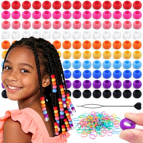 160Pcs 14mm Large Silicone Hair Beads for Braids Soft Jellyish Hair Beads with 7mm Hole + 50 Rubber Bands and 1 Beader for Braiding DIY Bracelets Necklaces Crafts (Multicolor)