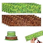 8pcs Pixel Game Cake Border Decor, Green & Brown Cake Toppers Wrapper Border Strips for Birthday Pixel Theme Party Supplies