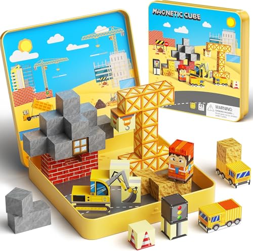 burgmate Magnetische Bausteine 49 Teile Magnetbausteine Reiseset mit Tragbarer Eisenbox für Kinder Magnetwürfel Bauspielzeug Magnetspiel ab 3 4 5 6 7 8 Jahre Jungen und Mädchen (2CM Magnetblöcke)