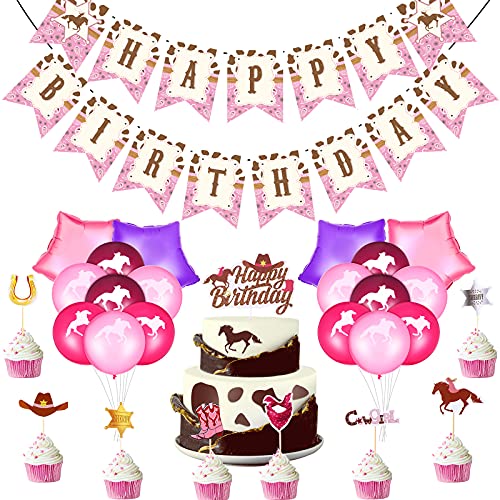 Skylety Cowgirl Themed Birthday Party Decorations Include Happy Birthday Banner Horse Cowgirl Boot Scarf Horseshoe Cake Cupcake Topper Star Foil Balloon Latex Balloon for Birthday Party