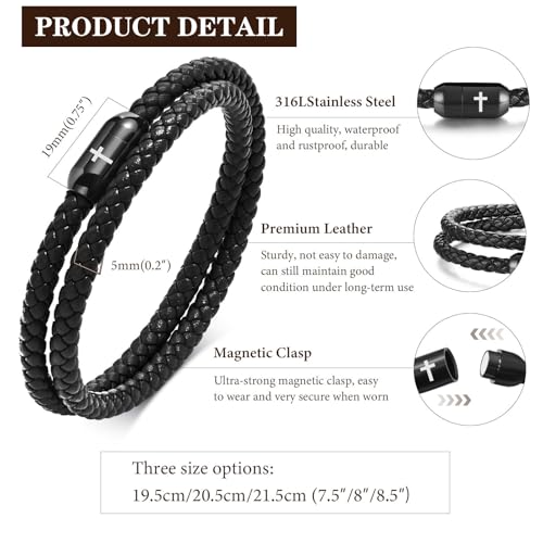 Pulsera de cuero negra con cruz, 8 pulgadas miniatura 7
