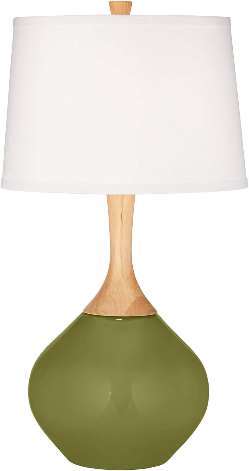Color + Plus Wexler 31" Tall Large Round Mid Century Modern End Table Lamp Rural Green Finish Glass Wood Single Fabric White Shade Living Room Bedroom Bedside Nightstand House Office Family Reading