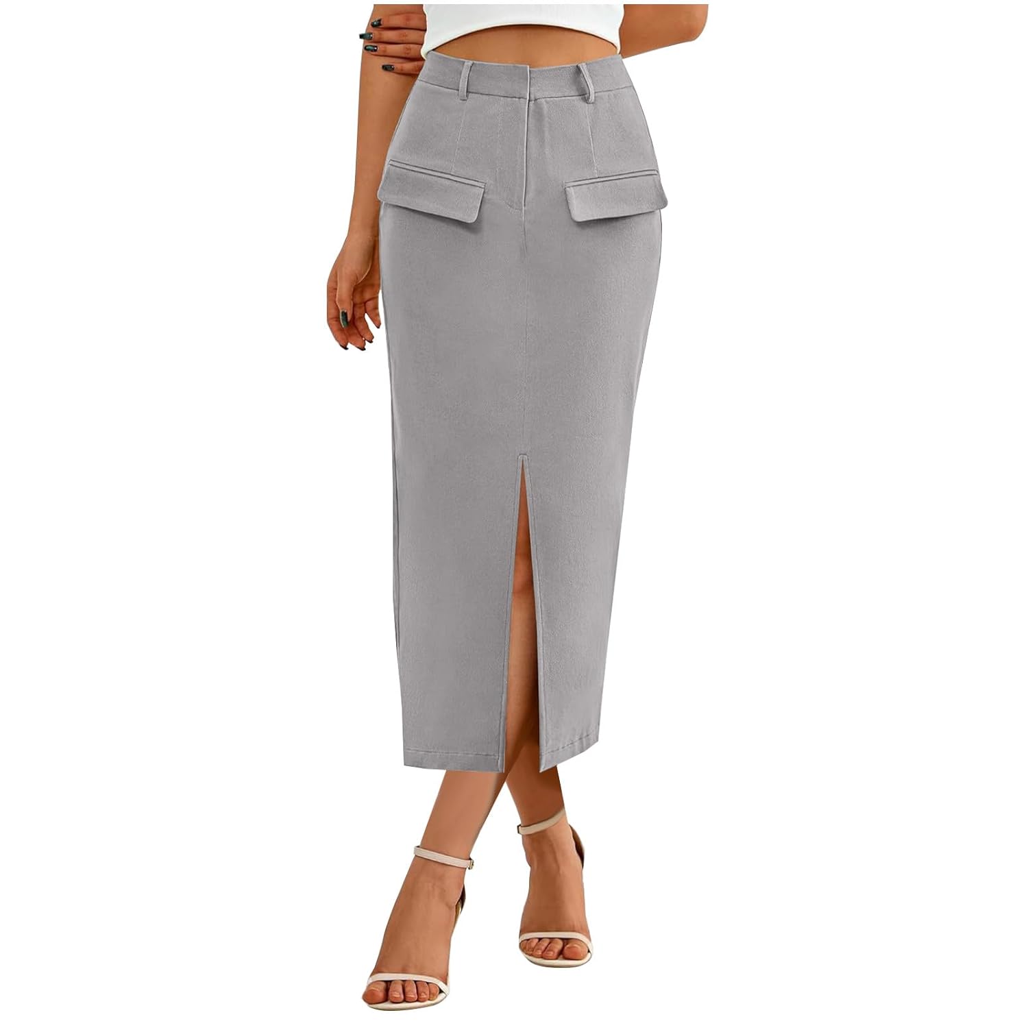 Women High Waisted Cargo Midi Pencil Skirt Trendy Dressy Summer Casual Split Front Business Work Long Skirts